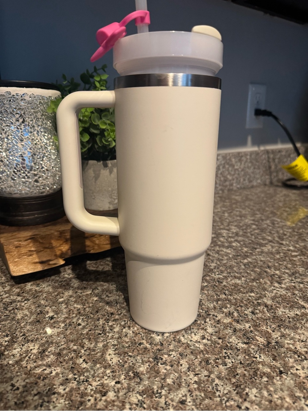 Stanley Cream Travel Mug with Pink Straw Cap